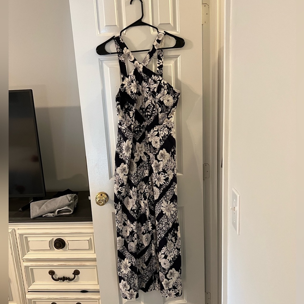 Anthropologie navy and white floral jumpsuit